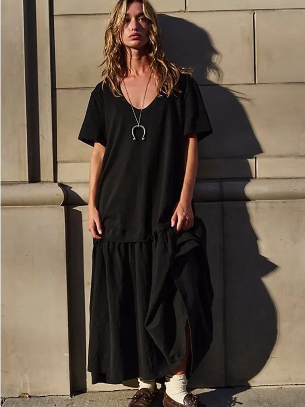 Free People Herron Drop-Waist Maxi Dress Women's XS Black Boho Oversized Goth